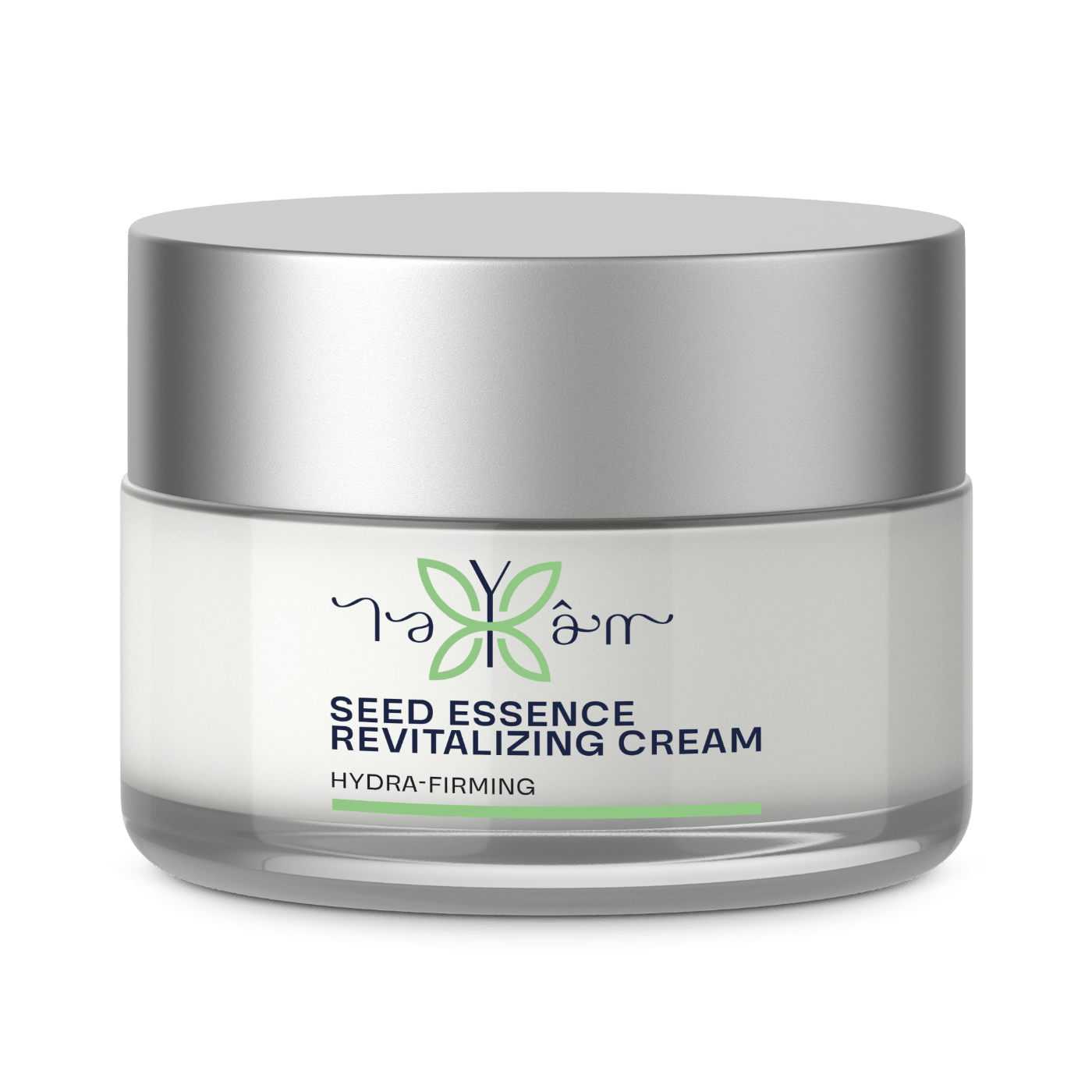 Seed essence revitalizing cream jar, hydra-firming label.